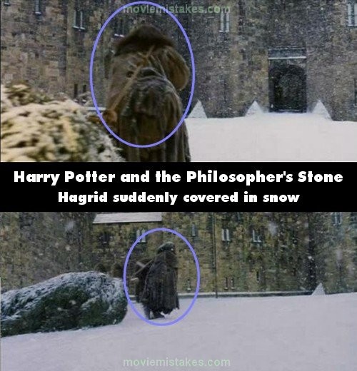 Tóc của người khổng lồ Hagrid đã bám đầy tuyết khi chuyển góc quay